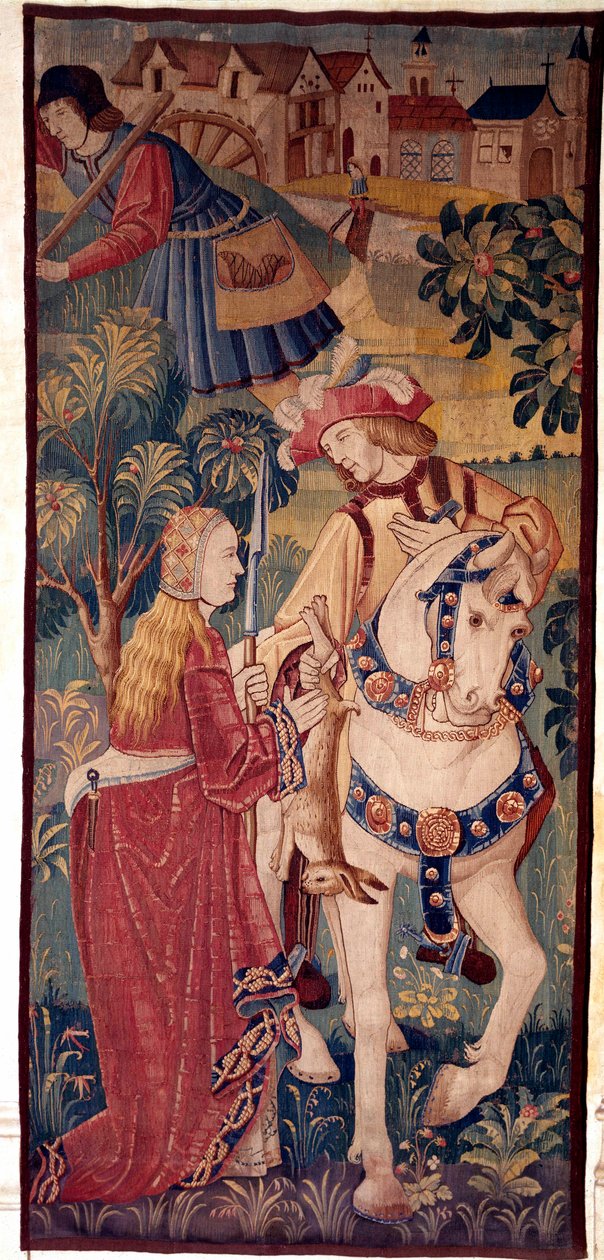 Powrót polowania. Dżentelmen proponuje grę młodej damie. Gobelin z Holandii autorstwa School Netherlandish