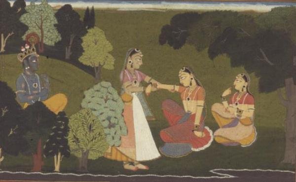 51.207/11 Powiernik błaga Radhę o spotkanie z Kryszną, ilustracja z serii „Gita Govinda”, Basohli, Himachal Pradesh autorstwa School Pahari