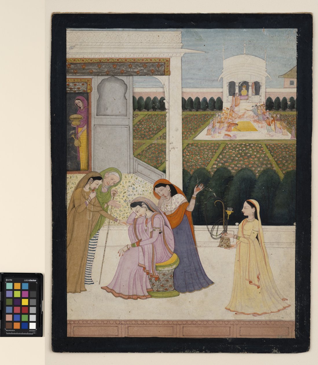 Niepocieszona dama, podczas gdy inni grają w Holi, ok. 1790 (nieprzezroczysta akwarela, srebro i złoto na papierze) autorstwa School Pahari