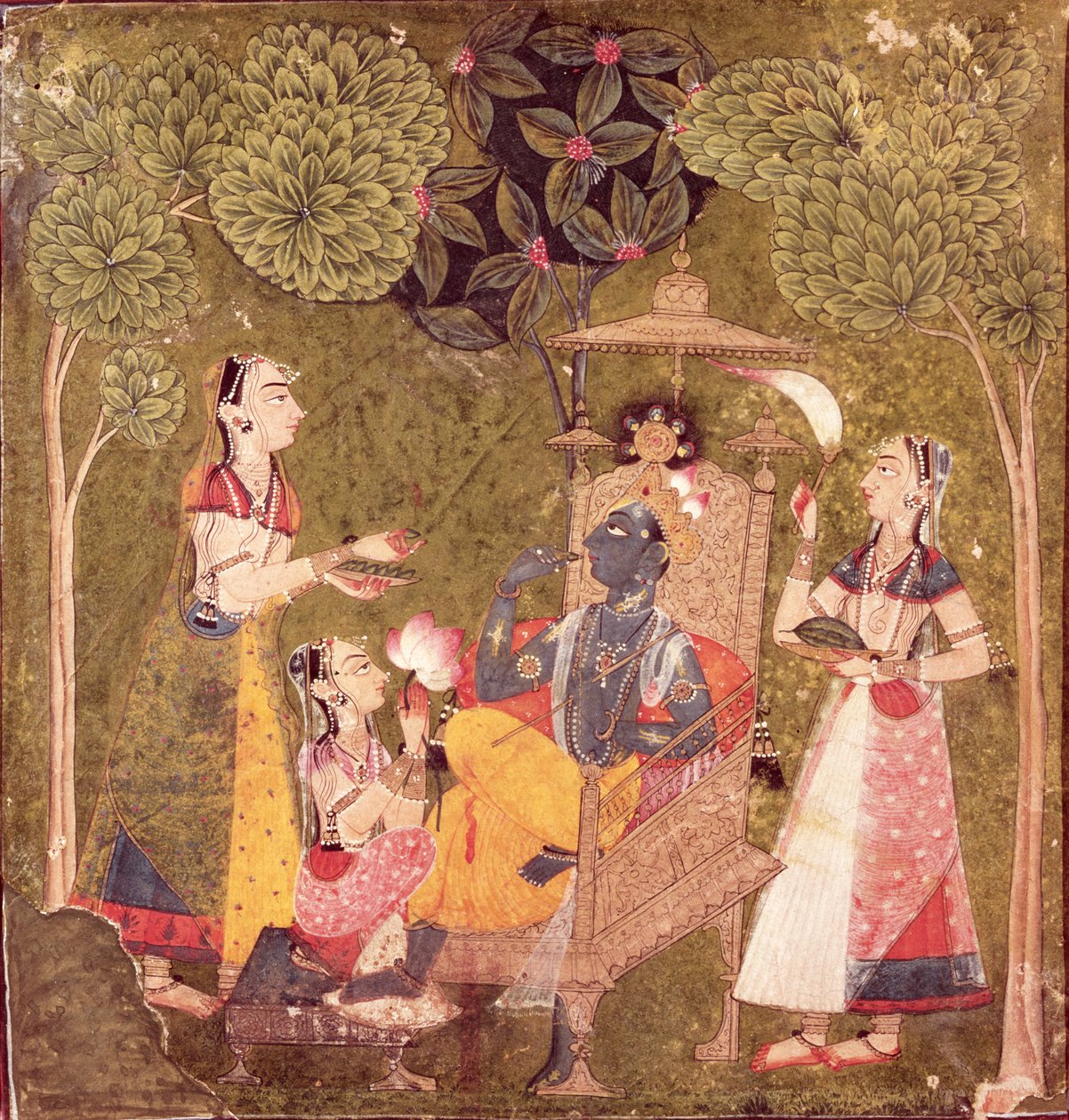 Kryszna i dziewice, Himachal Pradesh, Szkoła Pahari, ok. 1710 (akwarela na papierze) autorstwa School Pahari