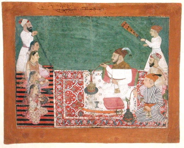 Rajah Deep Chand i przyjaciele palący fajkę wodną, Bijapur, ok. 1760 (gwasz na papierze) autorstwa School Pahari