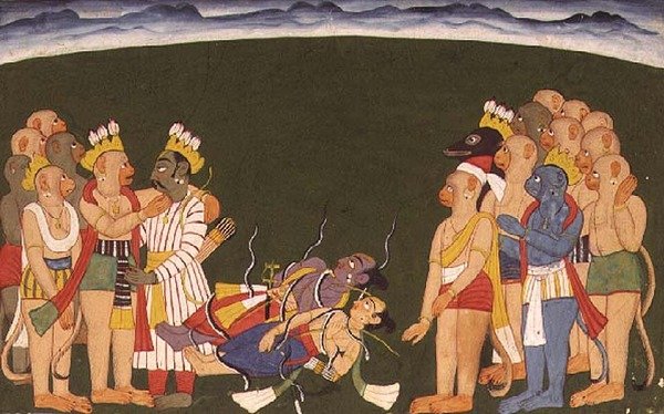 Rama i Lakszmana zaatakowani nagapasami z „Sangri Ramajana”, Kulu-Mandi, Himachal Pradesh autorstwa School Pahari