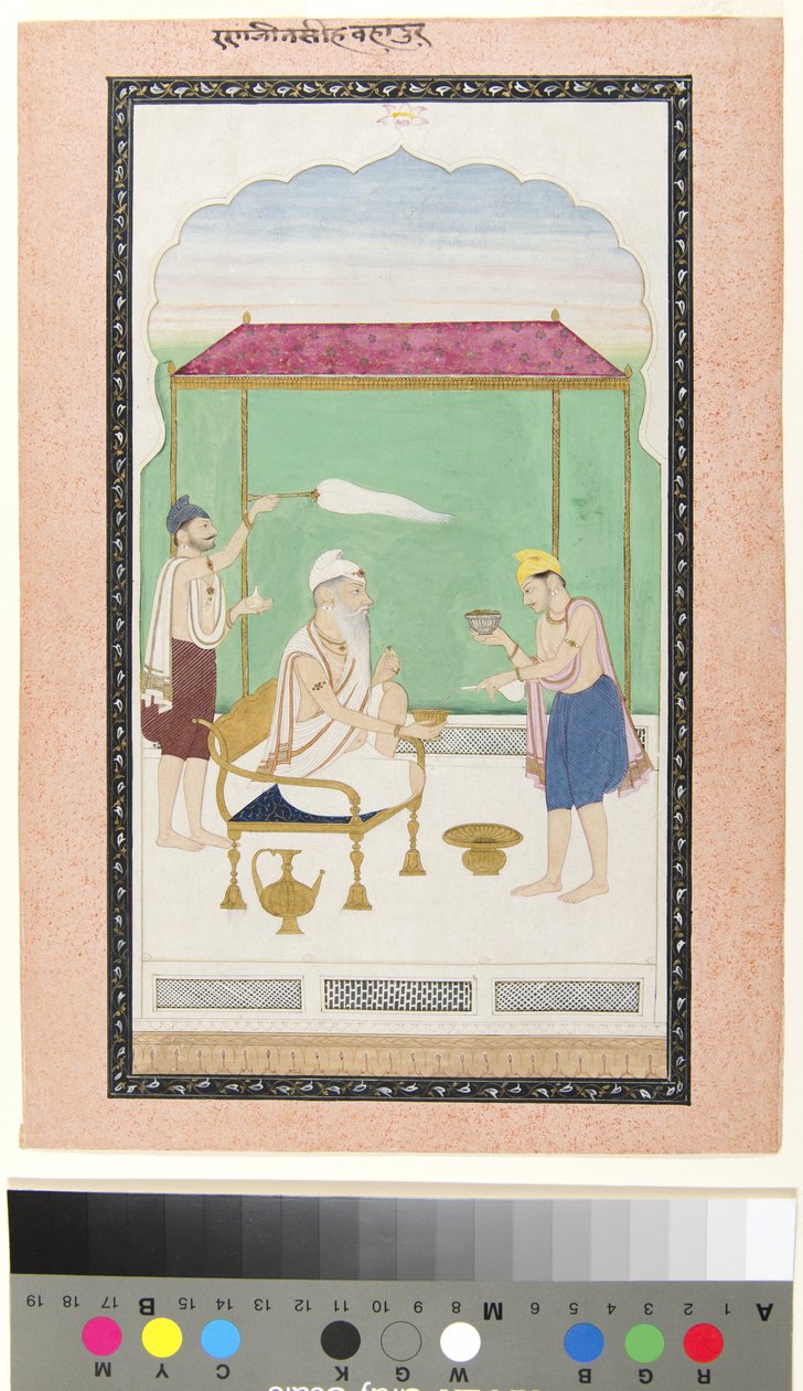 Ranjit Singh siedzący na złotym krześle, w towarzystwie nosiciela morchal i podawany z ok. 1830 r. (nieprzezroczyste w/c i złoto na papierze) autorstwa School Pahari