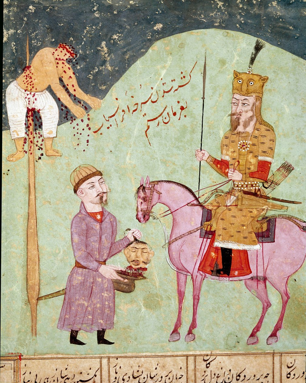Sztuka islamu: wróg na pal i z głową. Perska miniatura z rękopisu epickiego poematu „Shahnameh” (Shah Nama, Shahnama) (Księga Królów) Ferdowsiego (Firdawsi lub Ferdawsi lub Firdousi, ok. 940–ok. 1020) Biblioteca Nazionale Naples autorstwa School Persian