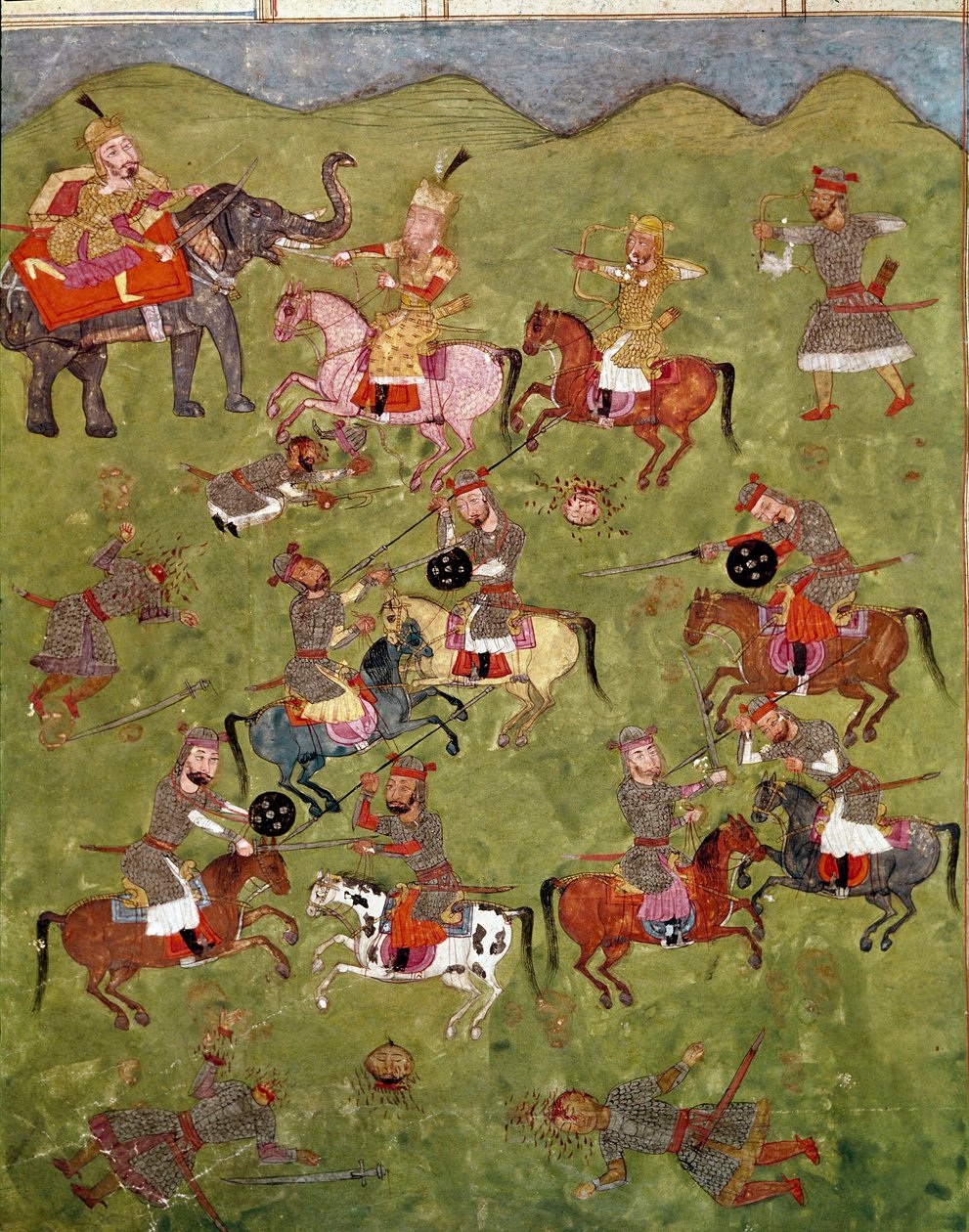 Sztuka islamu: scena bitwy. Perska miniatura z rękopisu epickiego poematu „Shahnameh” (Shah Nama, Shahnama) (Księga Królów) Ferdowsiego (Firdawsi lub Ferdawsi lub Firdousi, ok. 940–ok. 1020) Biblioteca Nazionale Naples autorstwa School Persian