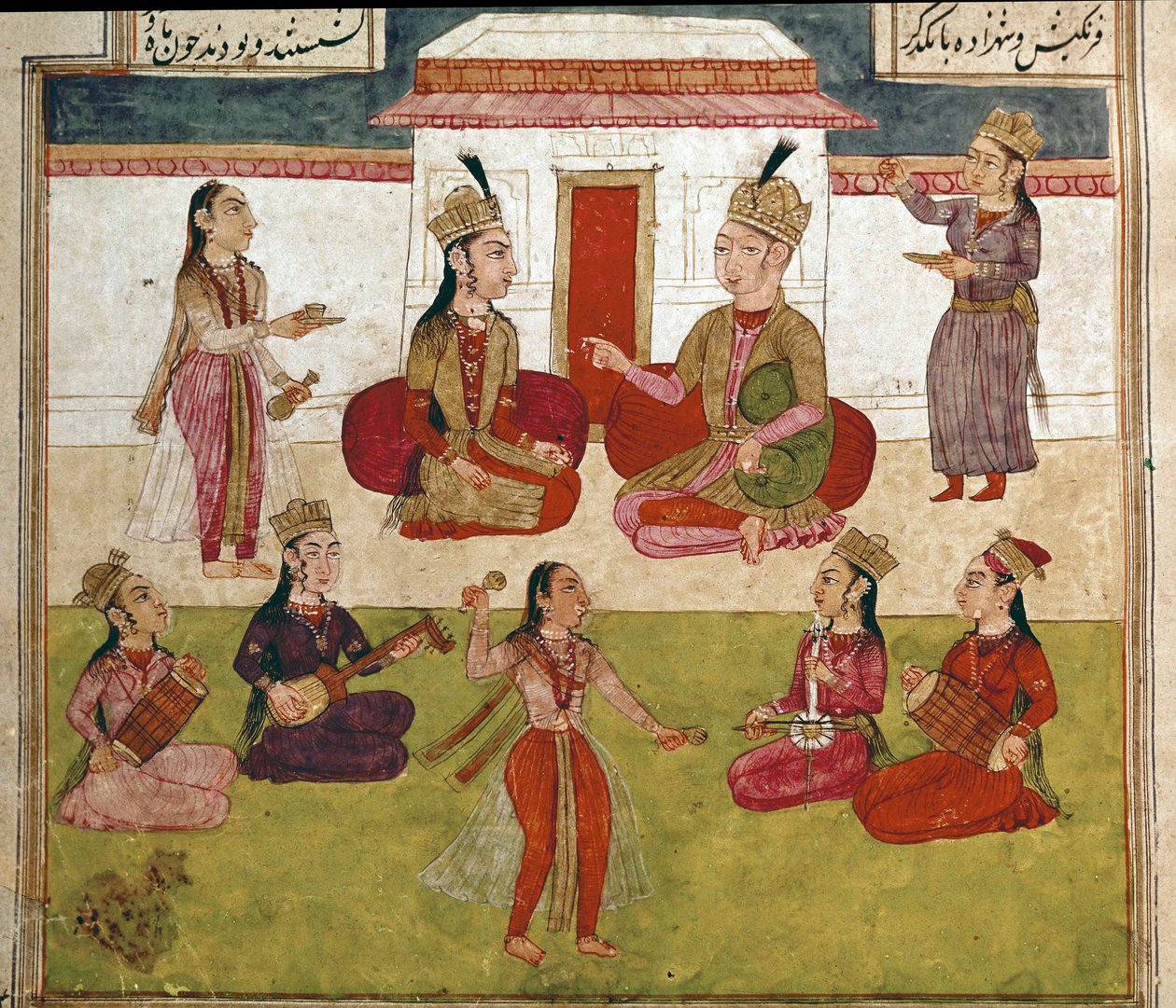 Sztuka islamu: koncert i rozrywka w haremie. Perska miniatura z rękopisu epickiego poematu „Shahnameh” (Shah Nama, Shahnama) (Księga Królów) Ferdowsiego (Firdawsi lub Ferdawsi lub Firdousi, ok. 940–ok. 1020) Biblioteca Nazionale Naples autorstwa School Persian
