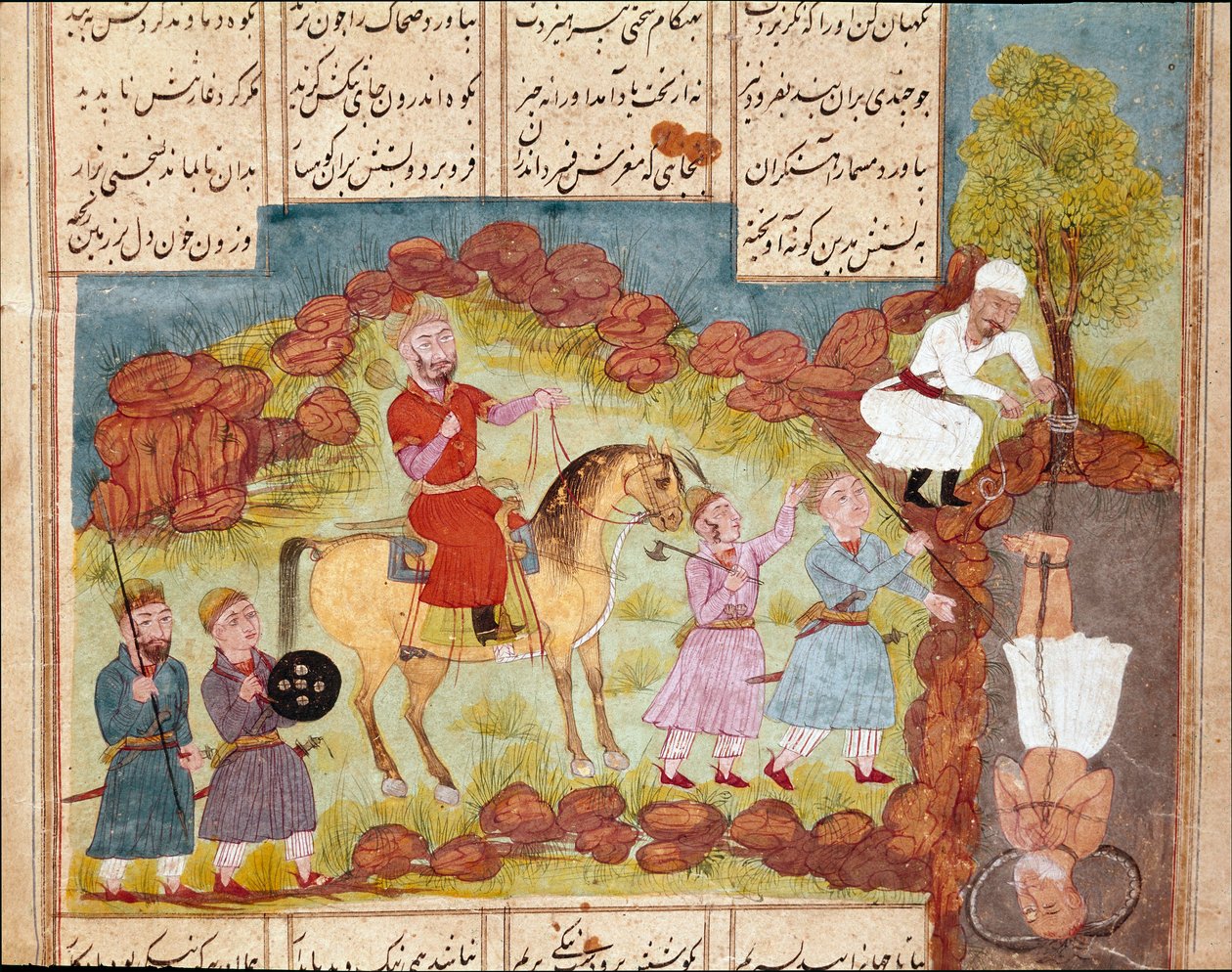 Sztuka islamu: scena torturowania wroga, pogrzebanego żywcem u podnóża drzewa. Perska miniatura z rękopisu eposu „Szahname” (Shah Nama, Shahnama) (Księga Królów) Ferdowsiego (Firdawsi lub Ferdawsi lub Firdousi, ok. 940–ok. 1020) Bi autorstwa School Persian