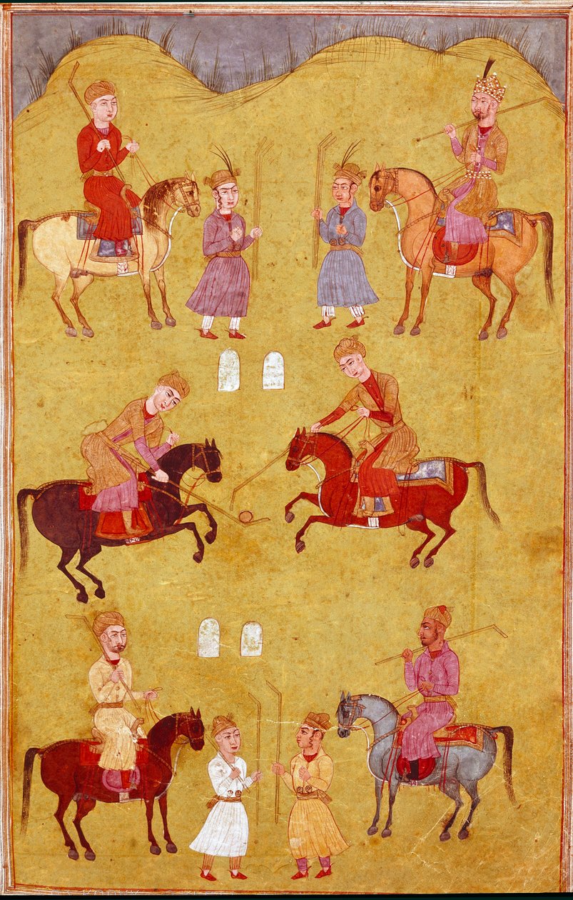 Sztuka islamu: część polo. Perska miniatura z rękopisu epickiego poematu „Shahnameh” (Shah Nama, Shahnama) (Księga Królów) Ferdowsiego (Firdawsi lub Ferdawsi lub Firdousi, ok. 940–ok. 1020) Biblioteca Nazionale Naples autorstwa School Persian