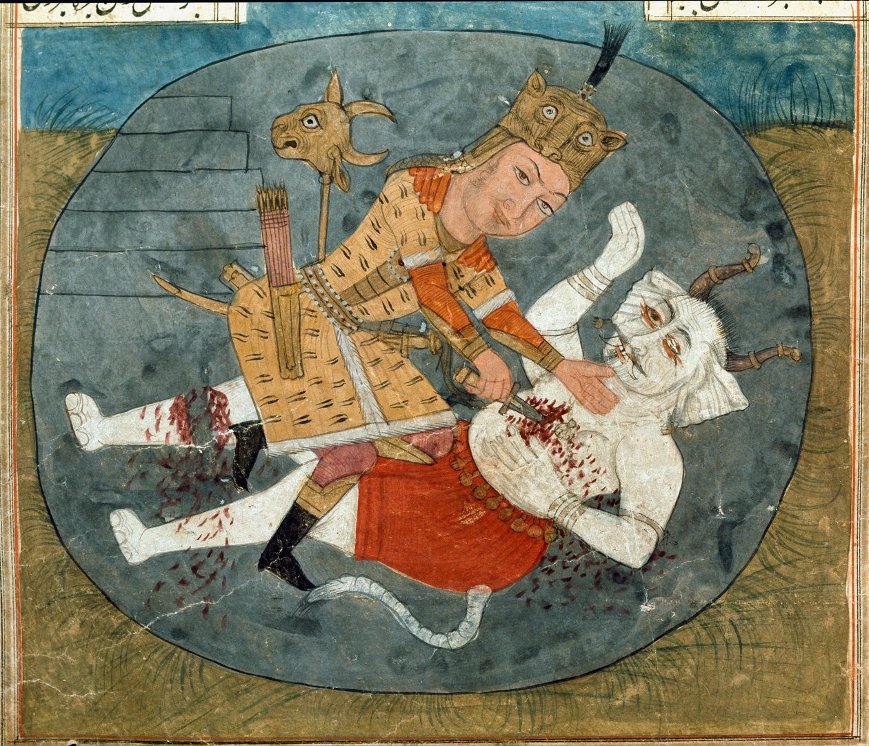 Rostam, syn Zala, zabijający białego demona z Mazandaran, miniatura z manuskryptu poematu Szahnama (Szahnameh) autorstwa Firdawsi (gwasz na papierze) autorstwa School Persian