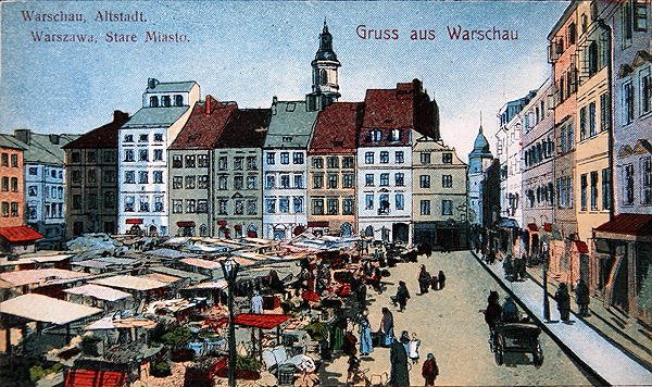 Pocztówka przedstawiająca Rynek Starego Miasta w Warszawie, ok.1910 (kolor lito) autorstwa School Polish