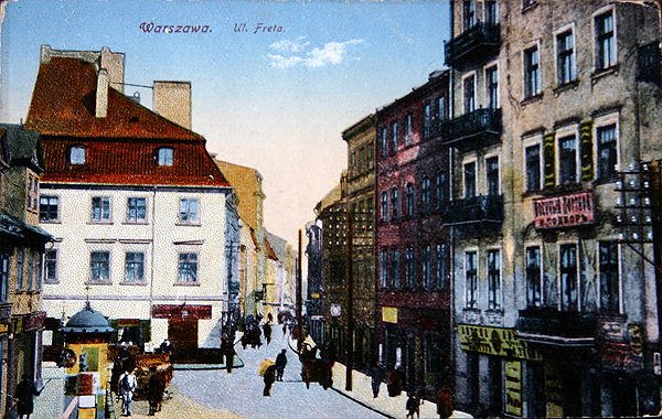 Pocztówka przedstawiająca scenę uliczną w starym centrum Warszawy, ok. 1910 (kolor lito) autorstwa School Polish