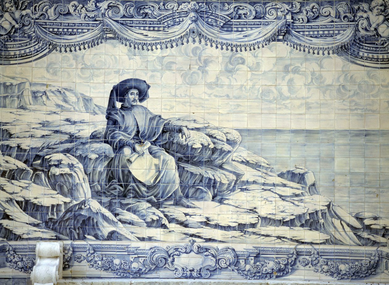 Henryk Żeglarz siedzący, patrzący na morze - Azulejo z okolic Lizbony (Sintra). autorstwa School Portuguese