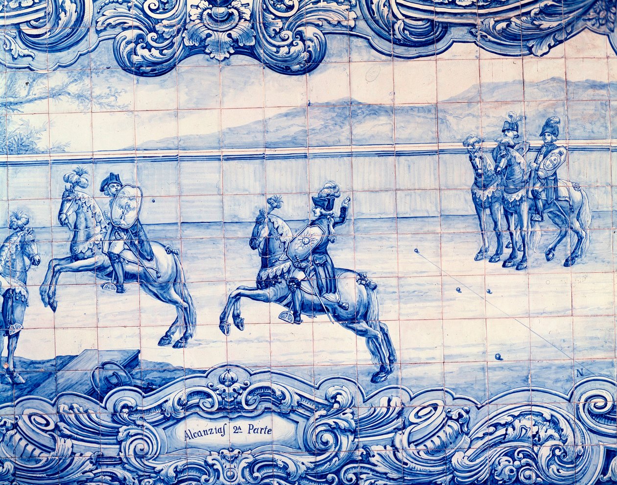 Jeździec ćwiczący grę w Alcancias w Portugalii. Azulejos. Ambasada Włoch, Lizbona autorstwa School Portuguese