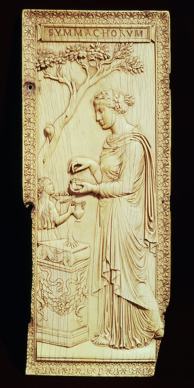 Jeden liść Dyptyku Symmachijskiego, nazwanego na cześć rodziny Symmachijczyków, AD 400 (kość słoniowa) autorstwa School Roman