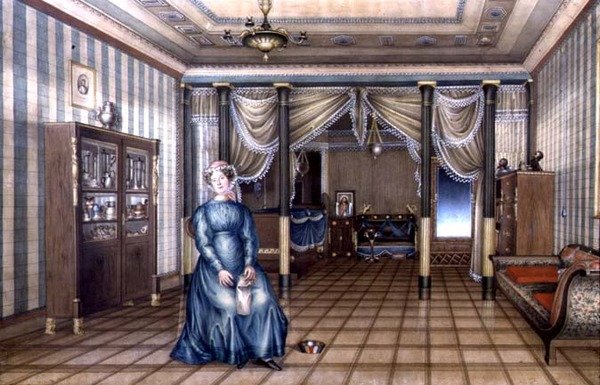 Panna w neoklasycznym wnętrzu salonu, ok. 1835 (akwarela z podwyższeniem na papierze) autorstwa School Russian