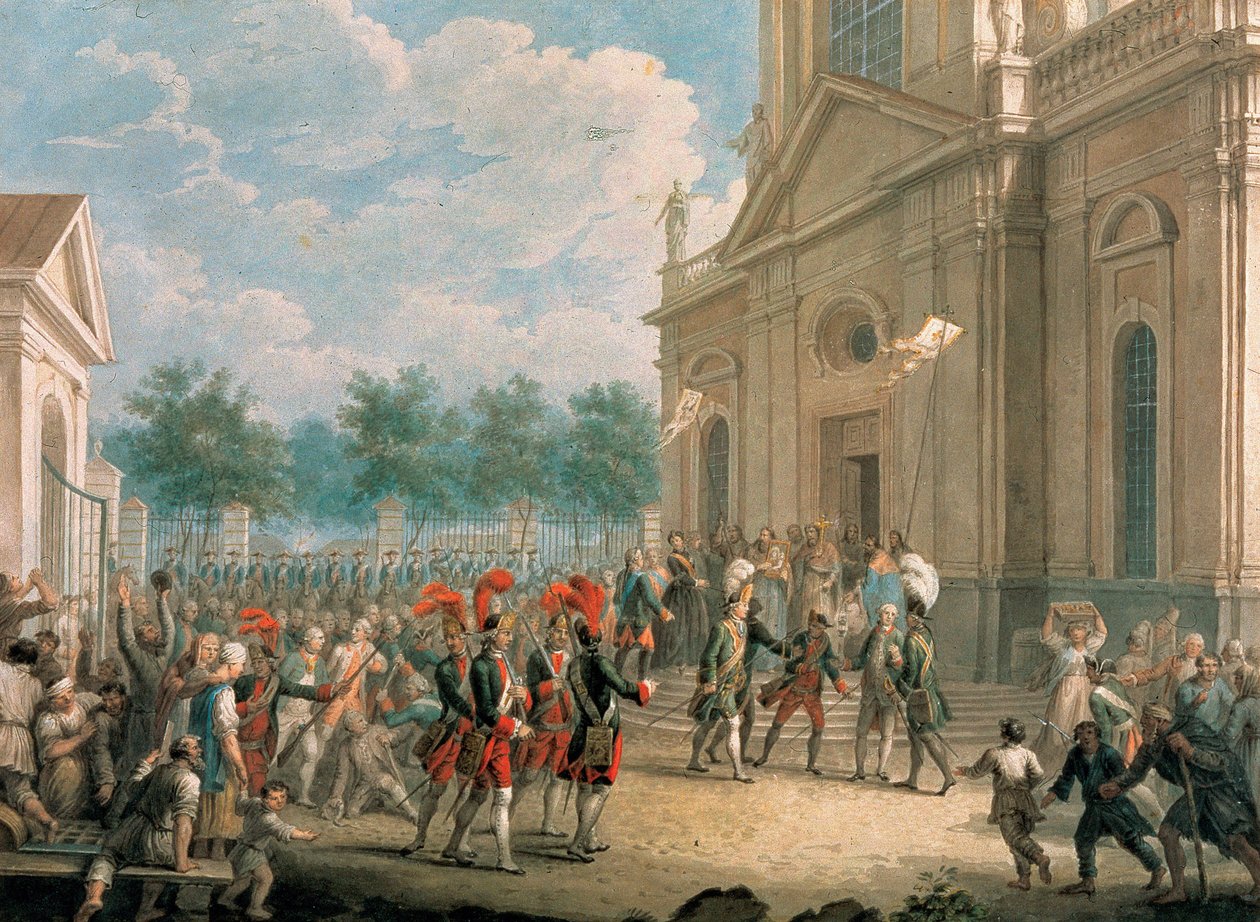 Katarzyna II (1729-1796) na schodach katedry kazańskiej (Sankt Petersburg), witana przez duchowieństwo w dniu wstąpienia na tron, 28 czerwca 1762 r. (Katarzyna II na schodach katedry kazańskiej, Pozdrowiona przez duchowieństwo w dniu autorstwa School Russian