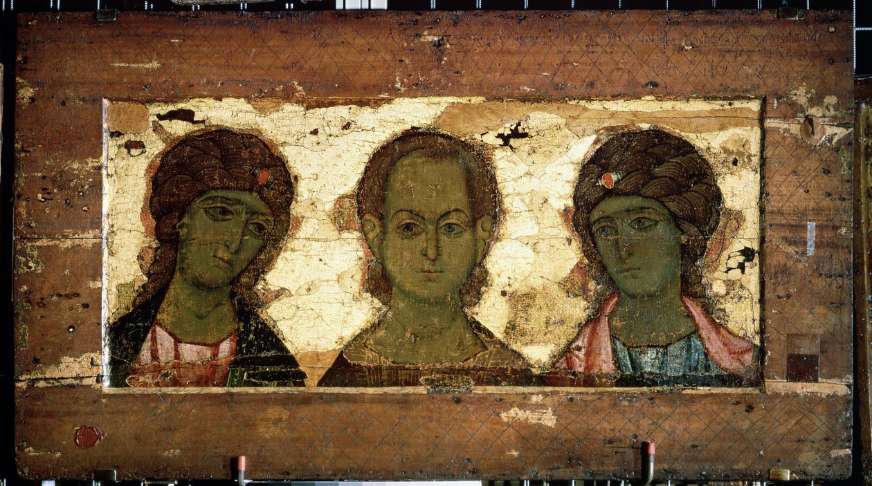 Chrystus Emanuel w otoczeniu Archaniołów Michała i Gabriela (Chrystus Emanuel z Archaniołami Michałem i Gabrielem). Ikona rosyjska, tempera na drewnie, koniec XII wieku. Sztuka Włodzimierza (Rosja). Państwowa Galeria Tretiakowska, Moskwa (Rosja). autorstwa School Russian