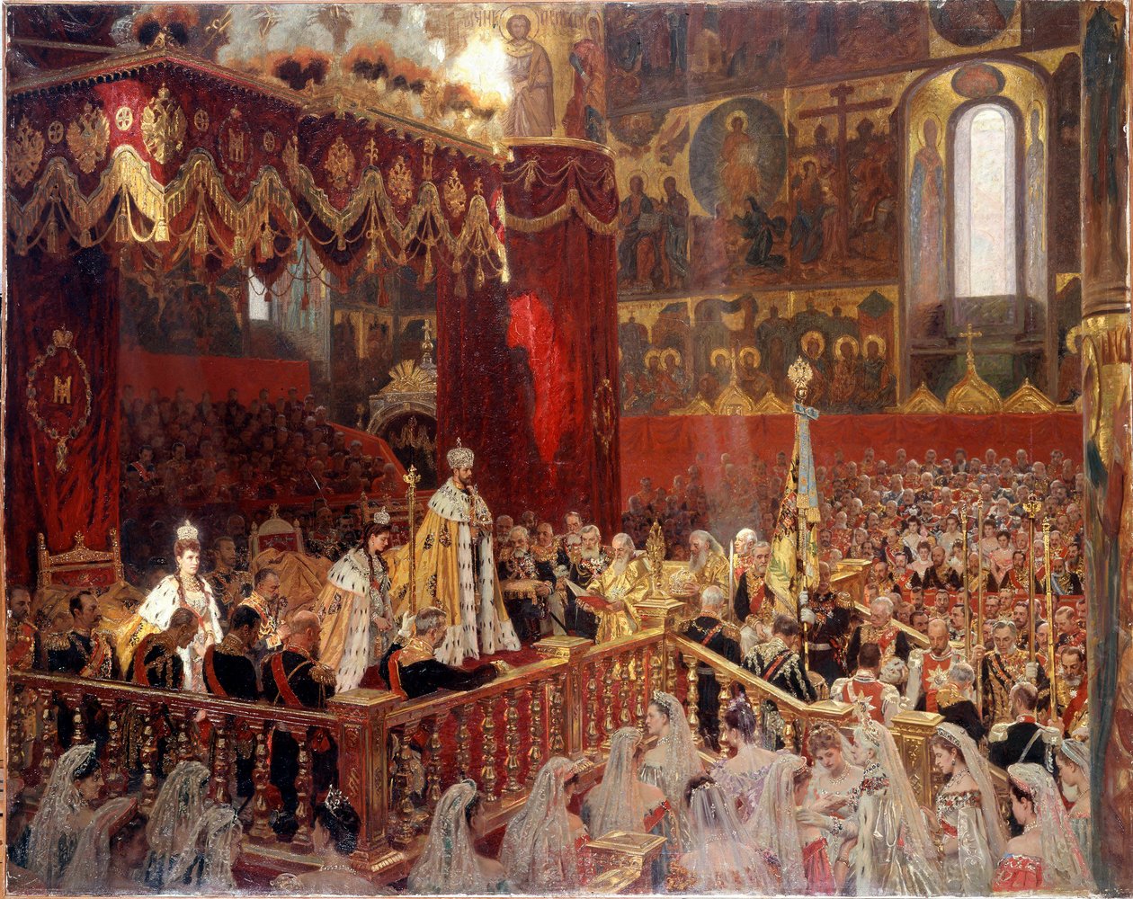 Koronacja Mikołaja II w 1896 r. w Soborze Ouseńskim w Moskwie - Anonimowe malarstwo rosyjskie autorstwa School Russian