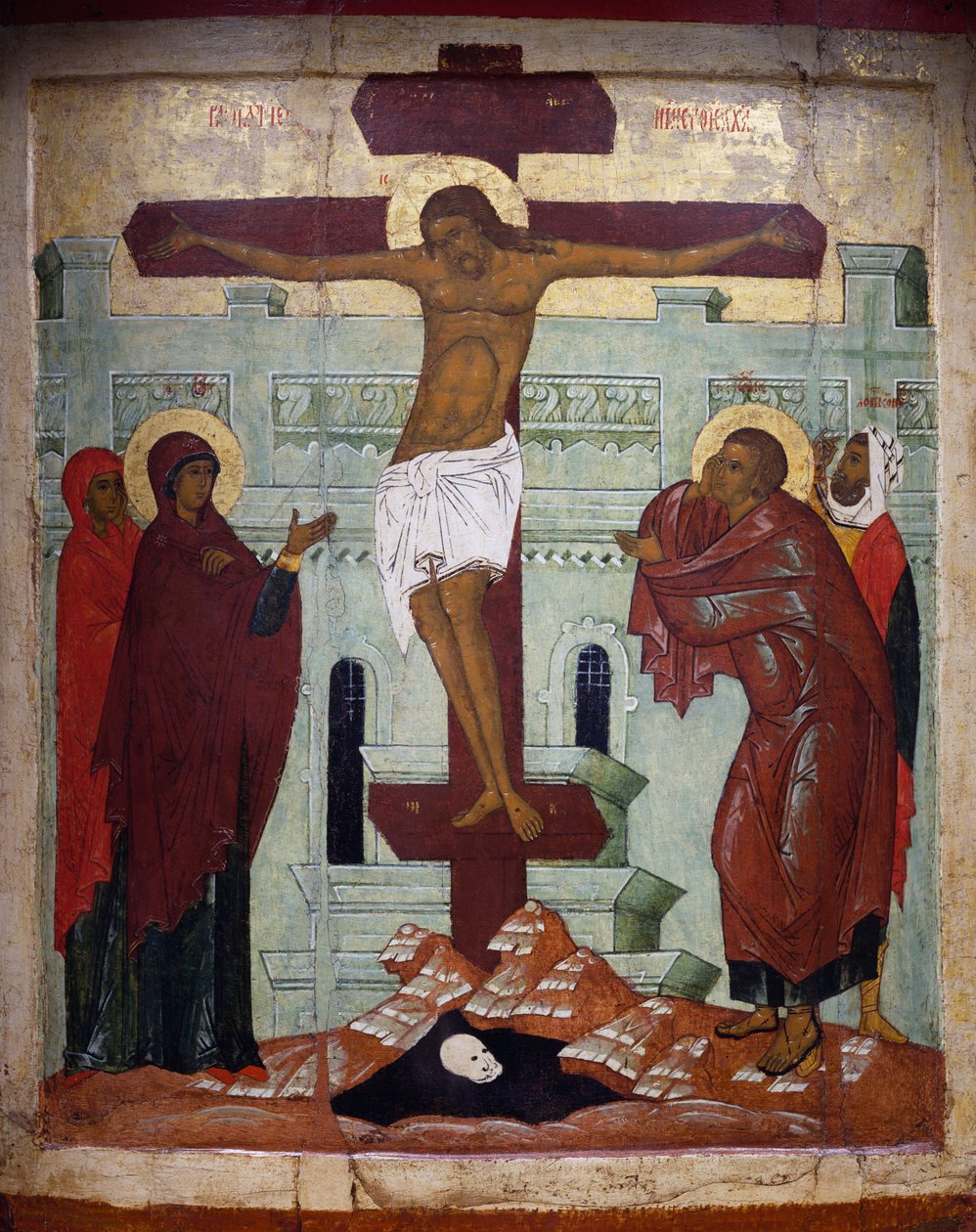 Ukrzyżowanie, ikona z Nowogrodu (tempera na drewnie) autorstwa School Russian