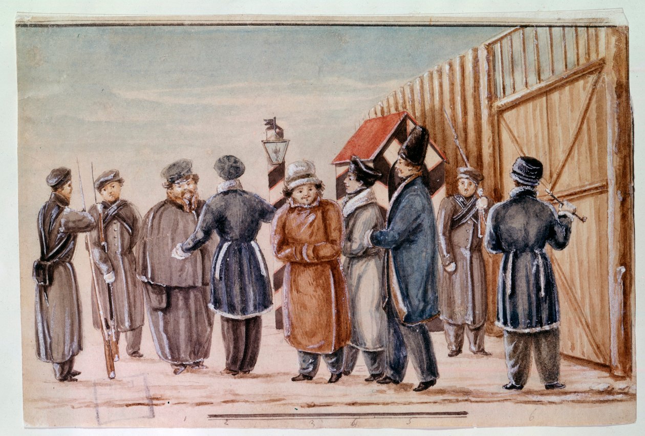 Dekabryści wychodzą na spacer do więzienia Tchety. Dekabryści (lub dekabryści) byli sprawcami próby zamachu stanu w Petersburgu 14 grudnia 1825 r. w celu uzyskania od reżimu nowoczesnej konstytucji. Akwarela z 1827 r. Moskwa, Puszkiń autorstwa School Russian