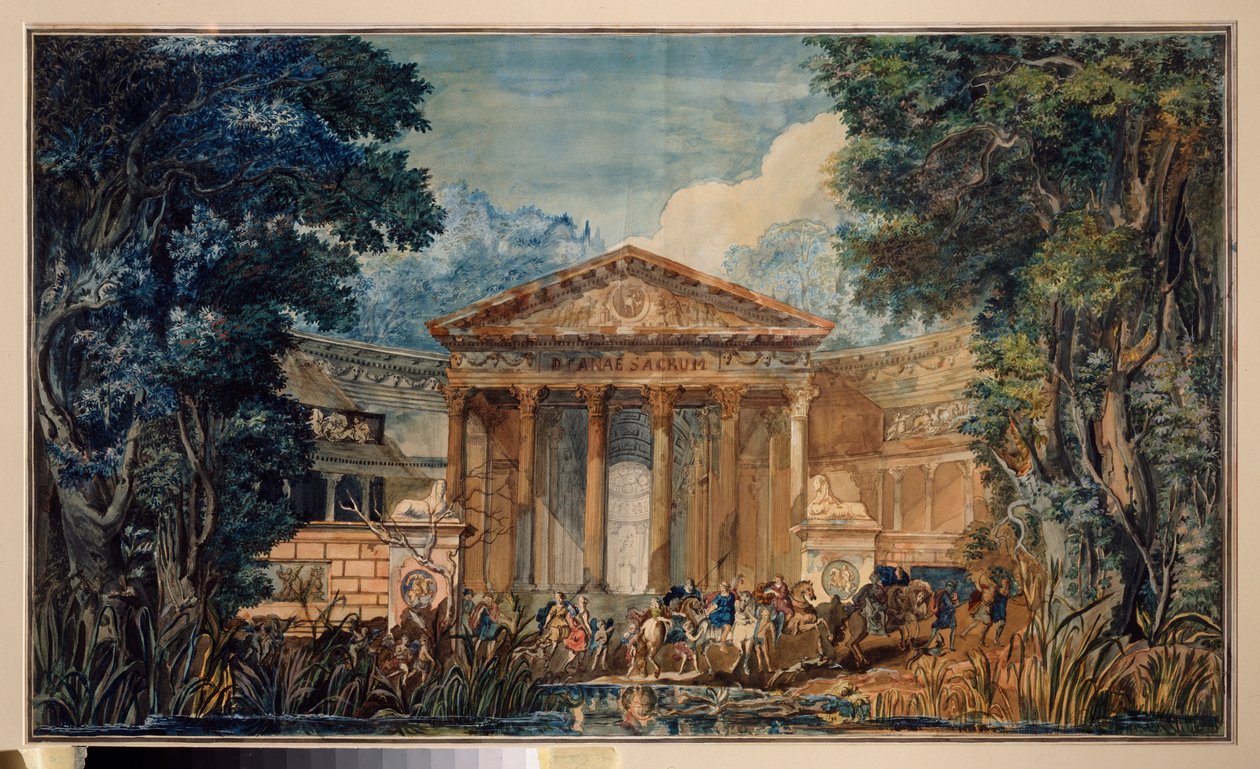 Dekoracja przygotowawcza do opery „Fedra” (Fedra) Giovanniego Paisiello (Paesieillo lub Paesieixo) (1740-1816). Praca rosyjskiego mistrza, akwarela i gwasz na papierze, ok. 1800 r. Rosyjska sztuka scenograficzna autorstwa School Russian