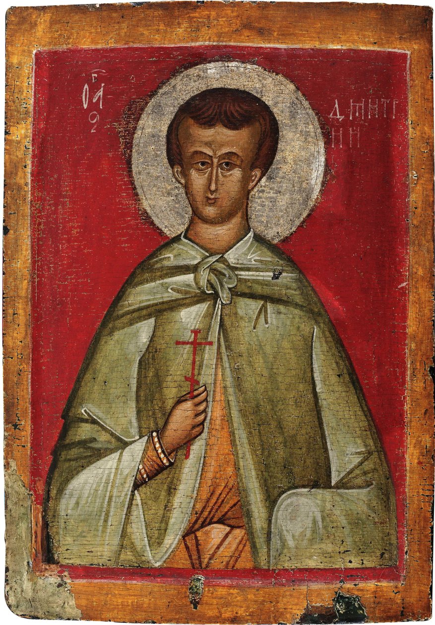Demetrios de Thessalonique (Dimitrios, Dimitri ou Demetre, męczennik wers 306) - Święty Demetriusz z Salonik - ikona rosyjska. Tempera na panelu autorstwa School Russian