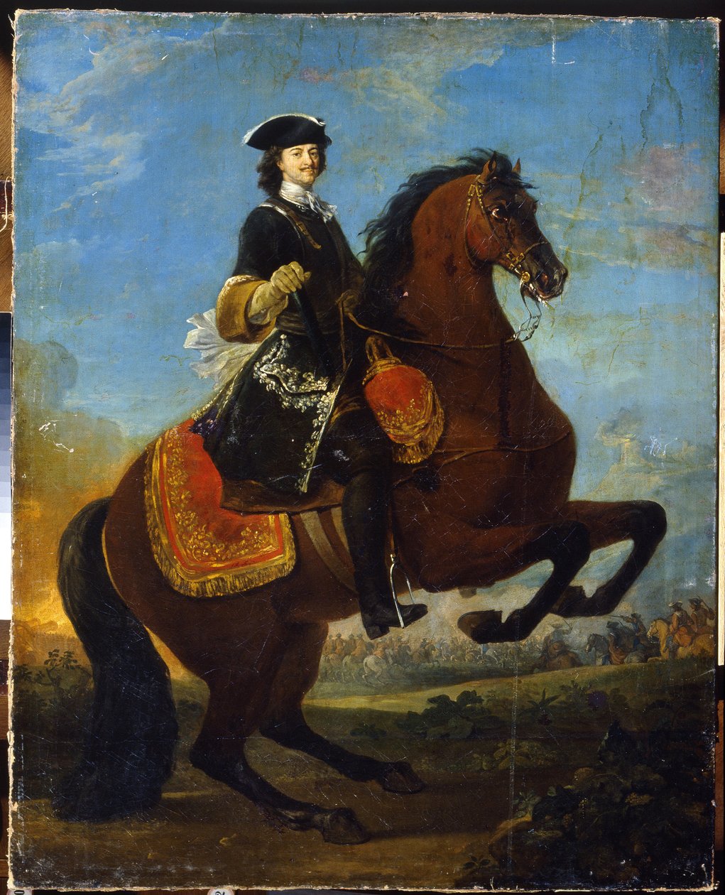 Portret konny Piotra I z bitwą Wielkiej Wojny Północnej w tle autorstwa School Russian