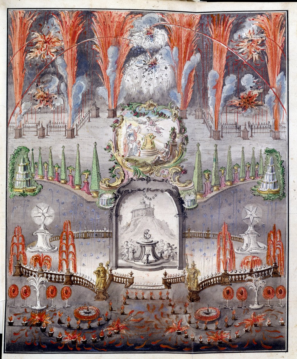 Fajerwerki i iluminacje 17 września 1747 w Gostilitsy (Rosja). Praca anonimowa, miedzioryt barwiony akwarelą, połowa XVIII wieku. Sztuka rosyjska autorstwa School Russian