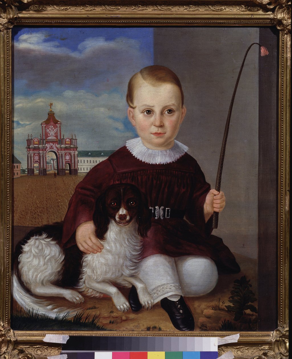 Chłopiec z psem przed czerwonymi drzwiami (Moskwa). Obraz rosyjskiego mistrza, olej na płótnie 1840. XIX-wieczna sztuka rosyjska. Państwowe Muzeum V. Tropinina, Moskwa. autorstwa School Russian