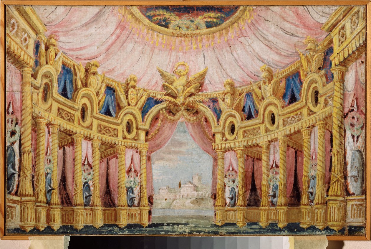 Sala z kolumnadą. Dekoracja przygotowawcza do zabawy. Praca rosyjskiego mistrza, tempera na płótnie autorstwa School Russian