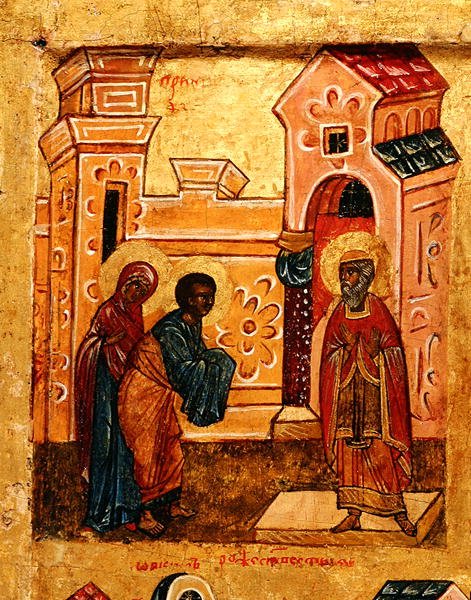 Ikona przedstawiająca Joachima i Annę odwiedzających Świątynię w Jerozolimie, ok. 1550 (tempera i złoty płatek na desce) (detal z 314500) autorstwa School Russian
