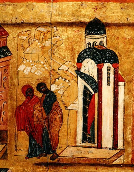 Ikona przedstawiająca odrzucenie darów Joachima i Anny z powodu bezdzietności, ok. 1550 (tempera i złoty płatek na desce) (detal z 314500) autorstwa School Russian