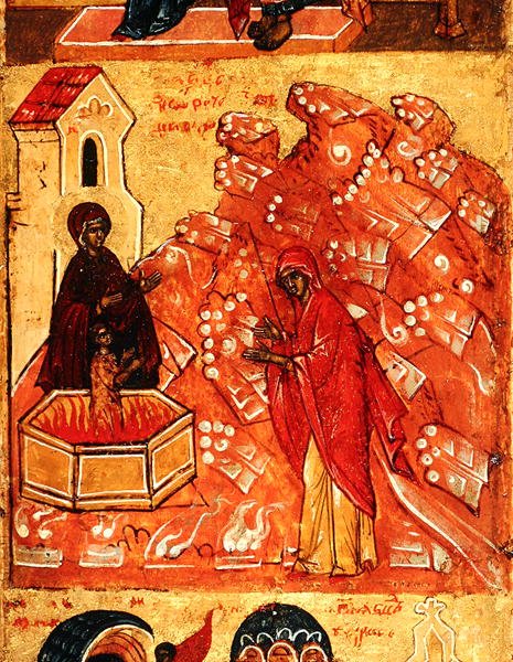 Ikona przedstawiająca scenę podczas ucieczki do Egiptu, ok. 1550 (tempera i złoty płatek na desce) (detal 314500) autorstwa School Russian