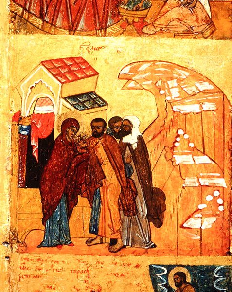Ikona przedstawiająca scenę z Życia Dziewicy, ok. 1550 (tempera i złoty płatek na desce) (detal z 314500) autorstwa School Russian