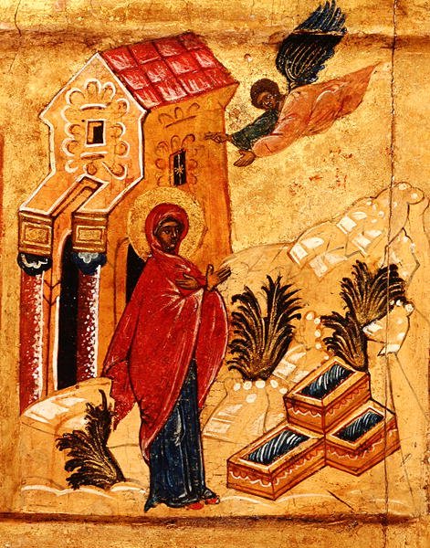 Ikona przedstawiająca Zwiastowanie św. Annie, ok. 1550 (tempera i złoty płatek na desce) (detal z 314500) autorstwa School Russian