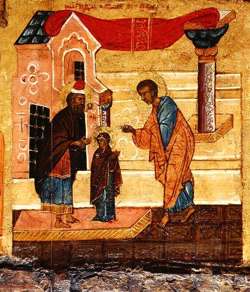 Ikona przedstawiająca Matkę Boską powierzoną opiece wdowca Józefa, ok. 1550 (tempera i złoty płatek na desce) (detal z 314500) autorstwa School Russian