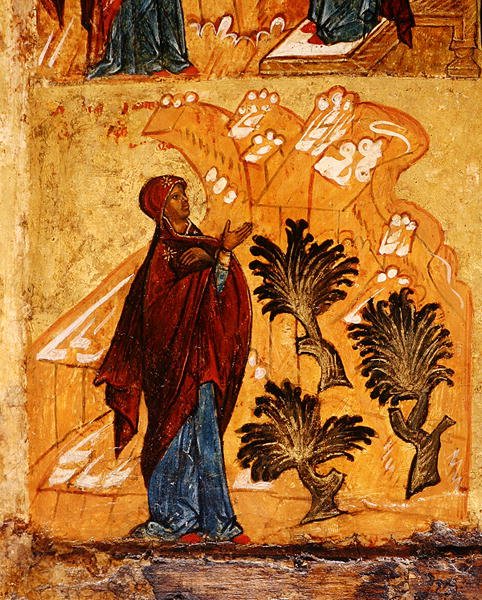 Ikona przedstawiająca Dziewicę modlącą się na pustyni, ok. 1550 (tempera i złoty płatek na desce) (detal z 314500) autorstwa School Russian