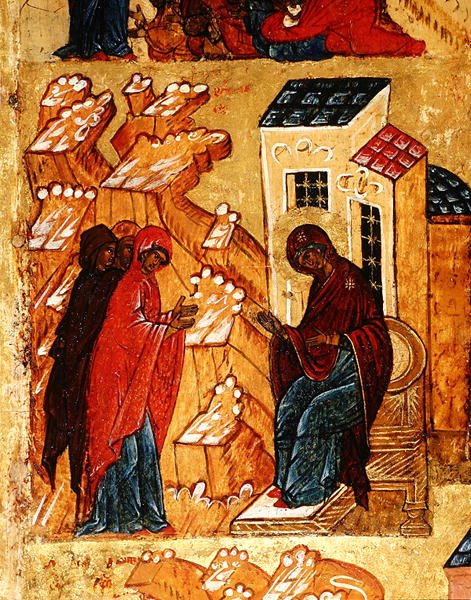 Ikona przedstawiająca Dziewicę wybierającą najbardziej uhonorowane kolory sukna, ok. 1550 (tempera i złoty płatek na desce) (detal 314500) autorstwa School Russian