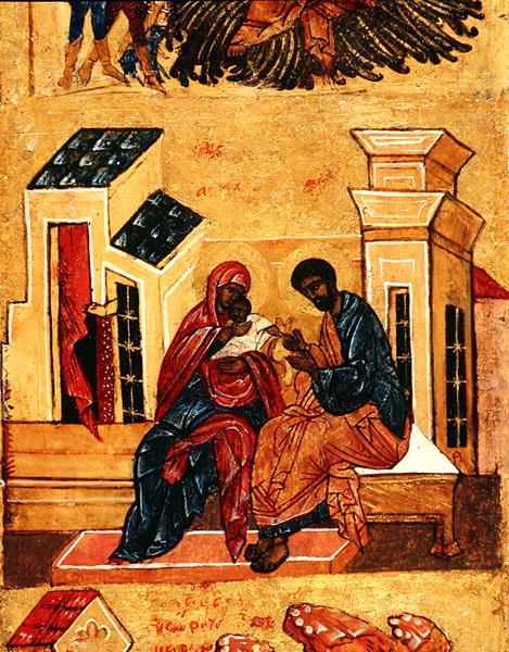 Ikona przedstawiająca Matkę Boską z rodzicami, Joachimem i Anną, ok. 1550 (tempera i złoty płatek na desce) (detal z 314500) autorstwa School Russian