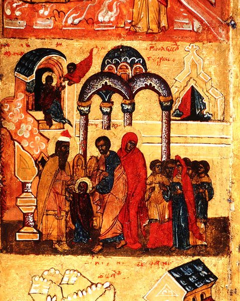 Ikona przedstawiająca niemowlęctwo Dziewicy i jej oddanie Bogu, ok. 1550 (tempera i złoty płatek na desce) (detal z 314500) autorstwa School Russian