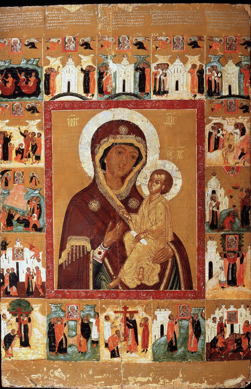 Dziewica Tichwina z cudami (Dziewica Tichwina z cudami). Ikona rosyjska, początek XVII wieku. Sztuka rosyjska. Państwowe Muzeum Sztuki Republiki Czuwaski, Czeboksary (Czuwaszja). autorstwa School Russian