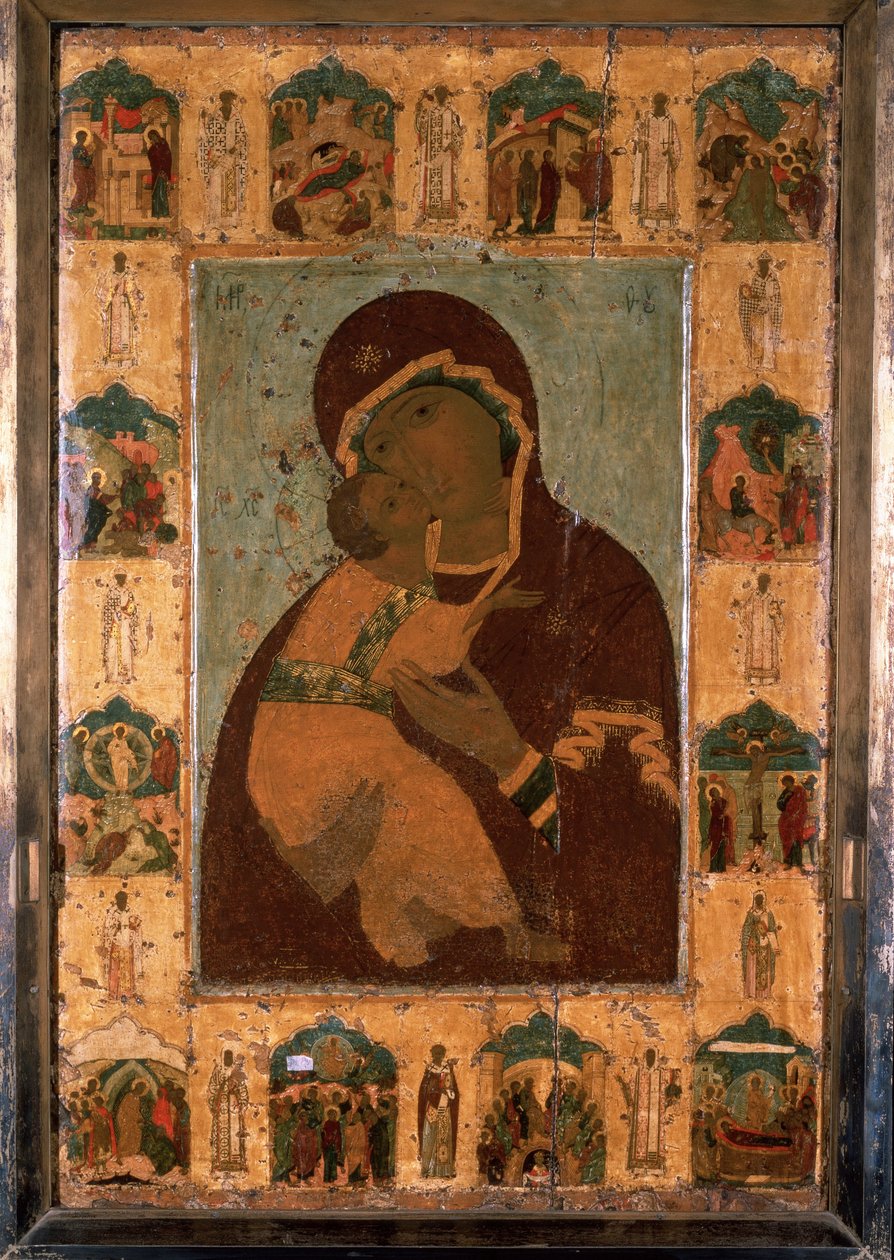 „Dziewica Włodzimierza” (Władimirskaja) Ikona rosyjska. Malowanie na drewnie. 1514 Sobór Zaśnięcia Najświętszej Maryi Panny na Kremlu, Moskwa autorstwa School Russian