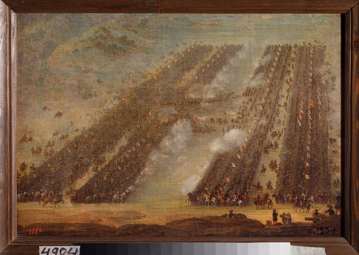Bitwa pod Połtawą (Pultawa) 8 lipca 1709 r. (Rzędy kawalerii ścierają się podczas Wielkiej Wojny Północnej (1700-1721), armia Piotra I Rosji (1672-1725) przeciwko wojskom Karola (Karla) XII Szwecji (1682-1718) Obraz przedstawiający autorstwa School Russian