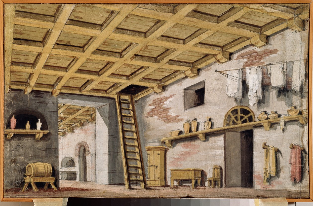 Kuchnia. Dekoracja przygotowawcza do zabawy. Dzieło rosyjskiego mistrza, ok. 1790, tempera na płótnie. XVIII-wieczna rosyjska sztuka scenograficzna. Muzeum Pałac Ostankino, Moskwa. autorstwa School Russian