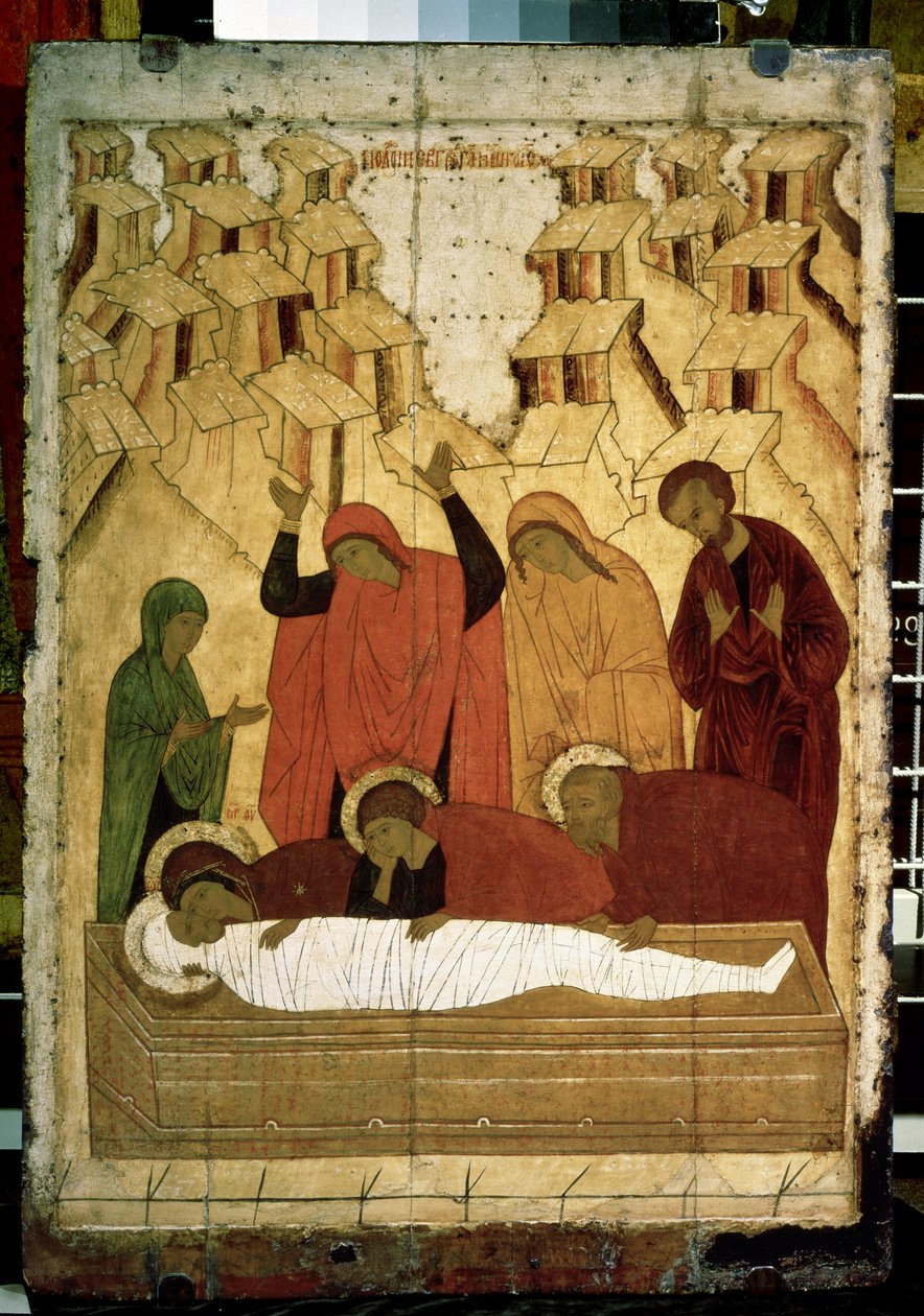 Rosyjska ikona „Złożenie do grobu”. Tempera na drewnie z końca XV wieku. Państwowa Galeria Tretiakowska, Moskwa autorstwa School Russian