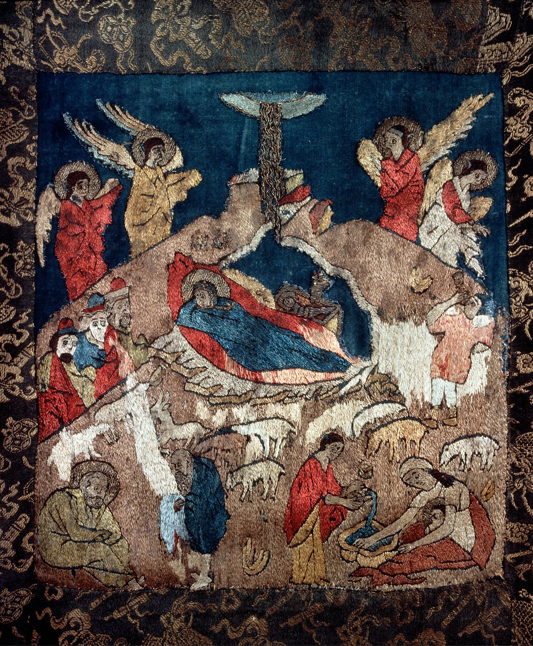 La nativite (Szopka) - Fragment całunu autorstwa rosyjskiego mistrza, wełna, jedwab oraz złote i srebrne nici autorstwa School Russian