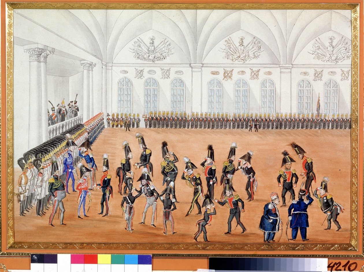 Parada Gwardii. Anonimowe malowanie. Akwarela na papierze, ok. 1820 r. Sztuka rosyjska, satyra. Muzeum Pamięci A. Puszkina, Sankt Petersburg. autorstwa School Russian