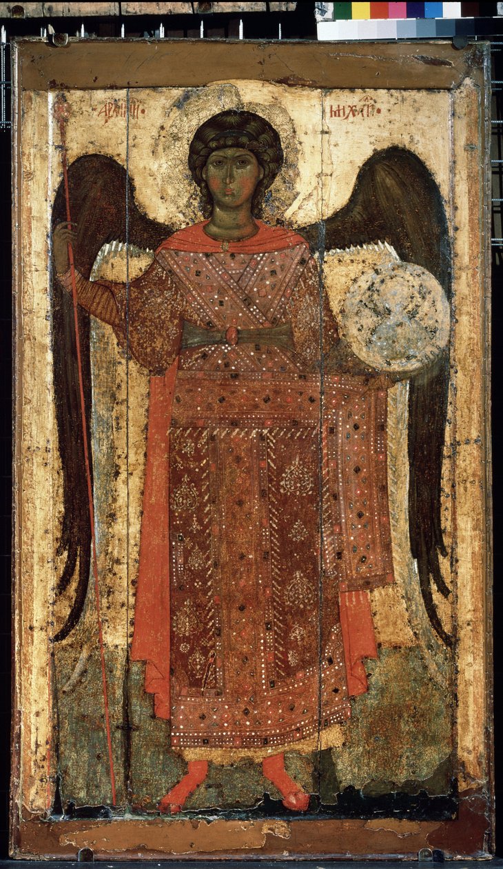 Ikona rosyjska "Archanioł Święty Michał". Malowanie na drewnie. Około 1300. Państwowa Galeria Trietiakowska, Moskwa autorstwa School Russian