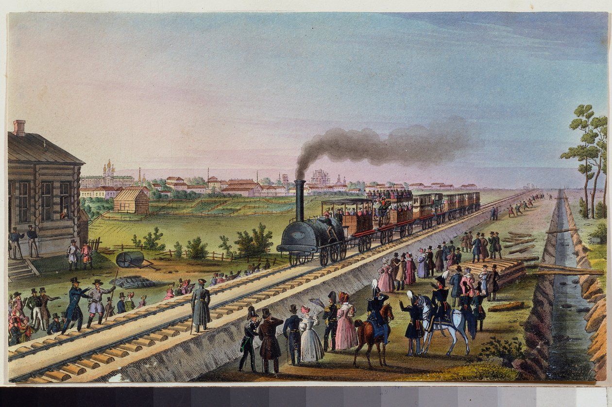 Przyjazd pierwszego pociągu z Sankt Petersburga do Carskiego Sioła, 30 października 1837. Praca rosyjskiego mistrza, akwarela na papierze autorstwa School Russian