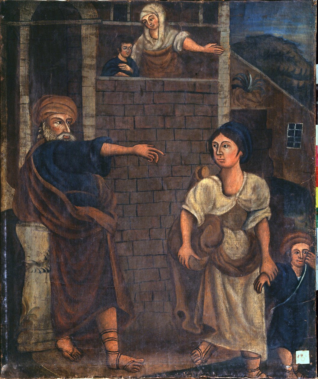 Zwolnienie Hagar. (Egipska sługa i jej nieślubny syn, Ismael, zostają wypędzeni przez Abrahama, na co patrzą Sara i jej syn Izaak). Obraz rosyjskiego mistrza, olej na płótnie, koniec XIX wieku. Sztuka rosyjska XIX wieku, prymitywizm. Państwo Otwarte ai autorstwa School Russian